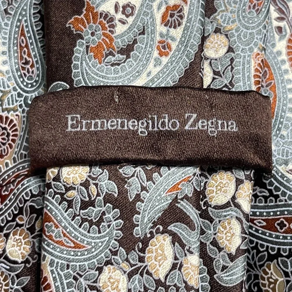 Ermenegildo Zegna Men's Brown Floral & Paisley Print 100% Silk Tie One Size - Picture 2 of 6